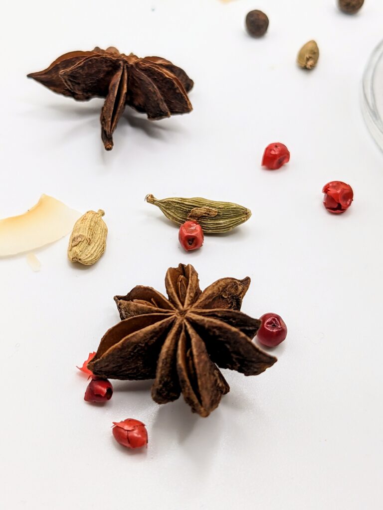 star anise, red peppercorn, cardamom and toasted coconut