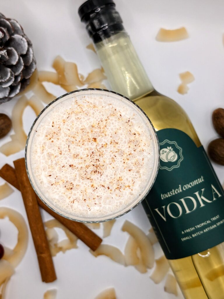 Coconut eggnog made with toasted coconut vodka