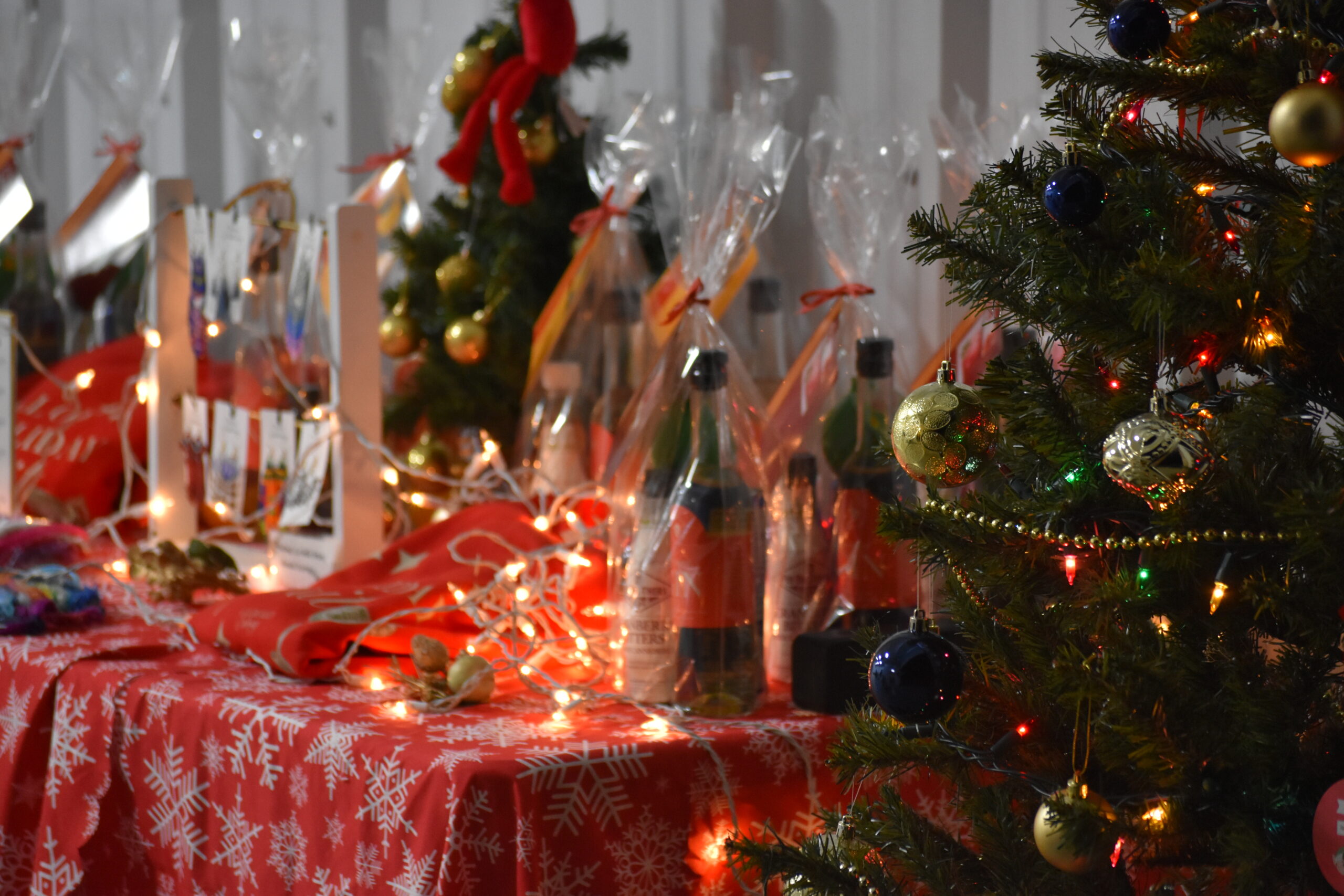 A festive display of holiday gift baskets
